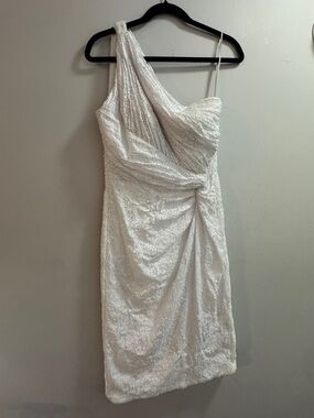 Rene Ruiz One-Shoulder White Sequin Draped Cocktail Dress